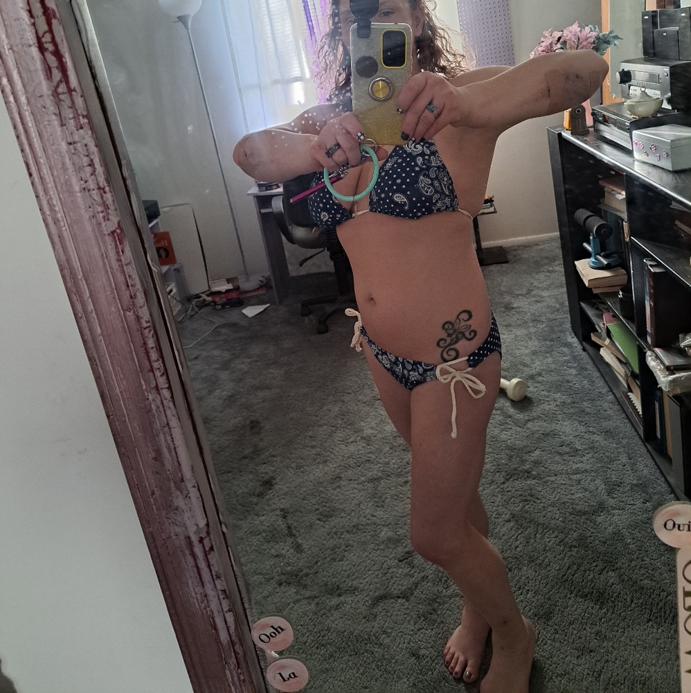 Navy blue and white nautical triangle top tie and bikini tie bottoms